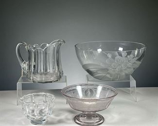 (4PC) GLASS BOWLS & PITCHER  |  Includes: Heisse Glass water pitcher, small Orrefors glass bowl, a large glass bowl with etched floral decoration, & EA pressed glass compote (3 part pressed) with Roman medallion decoration. Dimensions: h. 5.5 x dia. 12 in (Largest)