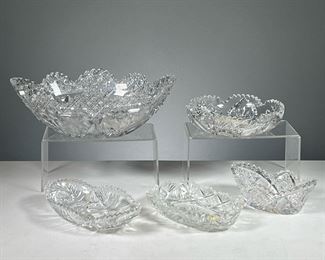 (5PC) CUT GLASS PIECES - ASSORTED  |  Includes a large oval bowl, small round bowl, and 3 small serving dishes. Dimensions: w. 11.5 x h. 4.5 in (largest)