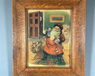 OLD SANTA CLAUS PRINT SIGNED “AEK”  |  Showing Santa Claus bringing presents to a house, signed in the print “AEK”. Dimensions: w. 11 x h. 13 in