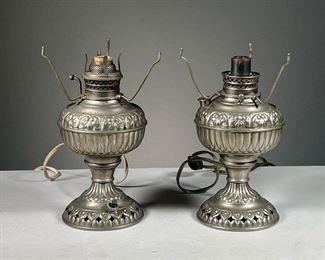 (2PC) PAIR TINY JUNO LAMPS | The Tiny Juno electric lamps, Made in USA, 19th Century electrified oil lamps.
Dimensions: h. 8 x dia. 4.5 in