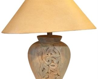 Light Toned Carved Wood Lamp