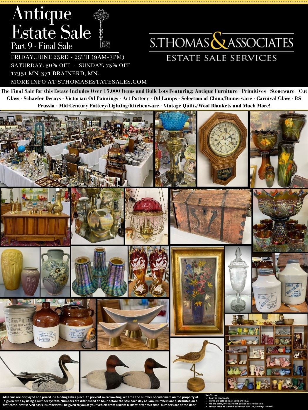 The Final Sale for this Estate Includes Over 15,000 Items and Bulk Lots Featuring; Antique Furniture - Primitives - Stoneware - Cut Glass - Schaefer Decoys - Victorian Oil Paintings - Art Pottery - Oil Lamps - Selection of China/Dinnerware - Carnival Glass - RS Prussia - Mid-Century Pottery/Lighting/Kitchenware - Vintage Quilts/Wool Blankets and Much More!