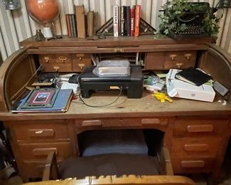 Oak Roll Top Desk--It's really sturdy and handsome--(sorry for all the junk)