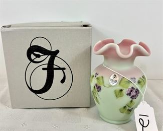 Lot 12 - Lotus Mist Burmese Vase hand painted berry pattern designed by Fenton Artist Stacy Williams inscribed with the signature of Frank M. Fenton
