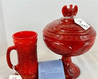 Lot 14 Fenton Proclaim Liberty Bicentennial Collection Compote with Eagle Finial Lid, and Stein, in&nbsp;Red Slag / choice
