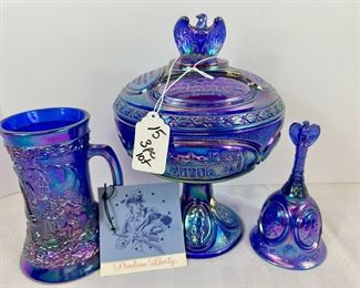 Lot 15 Fenton Proclaim Liberty Bicentennial Collection Compote&nbsp;with Eagle Finial Lid, Stein, and Bell in Cobalt Blue Carnival/ choice
