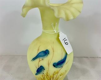 Lot 16 FENTON YELLOW CUSTARD GLASS BLUE BIRD VASE/ HAND PAINTED AND SIGNED
