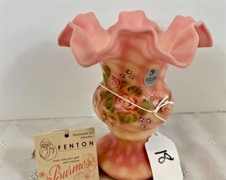 Lot 18 - Fenton Burmese Diamond Optic Vase - Handpainted, Signed
