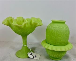 Lot 19 Fenton Green Custard Persian Medallion Open Compote Candy Dish and fairy lamp/ choice
