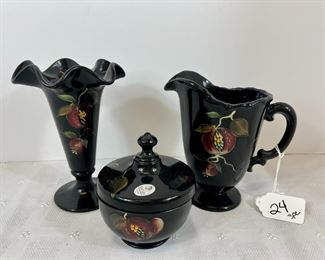 Lot 24 Fenton Pomegranate Black Collection: Vase, trinket box and pitcher &nbsp;~ Hand Painted ~ Signed/ choice
