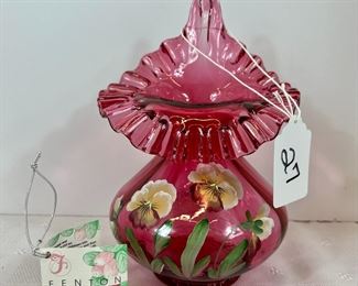 Lot 27 - Fenton Pansies on Cranberry Jack in the Pulpit Vase/ Signed&nbsp;
