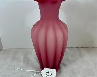Lot 28 Fenton Pink Spiral Satin Paneled Ruffle Rim Vase 
