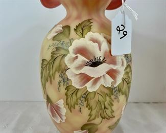 Lot 29 95th anniversary Centennial Collection Diamond Optic Burmese Vase w/ Rose Poppies hand painted and signed by Bill Fenton
