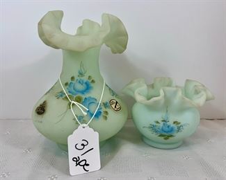 Lot 31 Vintage Blue Satin Rose Vase and Ruffle Bowl/ Hand-painted and Signed/ choice
