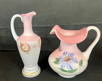 Lot 40 FENTON 2007 Floral Cameo on BLUE BURMESE Ewer and Fenton 2004 and Blue Burmese Vase/ choice 
