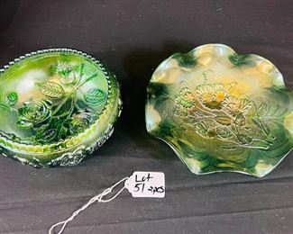 Open rose rose bowl in green by imperial Right: Pansy ruffled bowl in green by imperial
