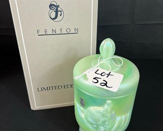 1998 Fenton Chessie Cat candy jar in iridized Seafoam Green
