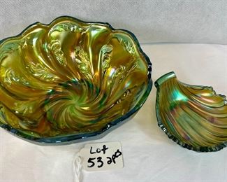Arcanthus round bowl in green by imperial Right: Footed shell bowl in aqua by westmoreland
