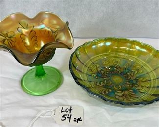 Daisy and plme compote by Northwood in green Right Myan ICS bowl by Millersburg in green
