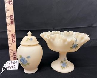 Fenton hand painted blue roses on satin custard glass covered candy dish, small compote and small footed dish/ choice&nbsp;
