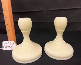 Fenton Satin Custard Candlestick holders, Orange Tree pattern
