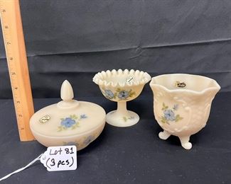 Fenton Hand Painted Satin Custard Footed Dish, covered candy dish, and small crimped compote, with Blue Dogwood or Blue flowers design/ signed/ choice 
