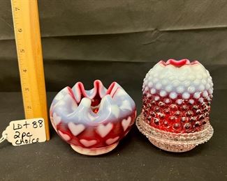 Fenton cranberry opalescent heart rose bowl and cranberry opalescent hobnail fairy lamp/ choice
