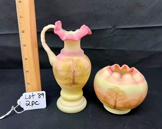 Fenton Burmese&nbsp;hand-painted Scenic Trees Ruffled&nbsp;Ewer and Rose Bowl/ choice&nbsp;
