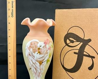 Hand Painted Burmese Glass Vase, Dove & Baby Love
