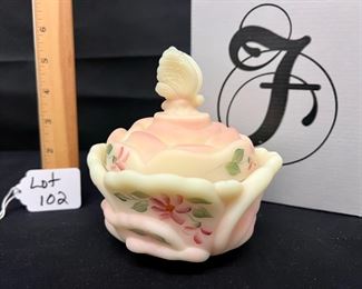 Handpainted Floral Fenton Burmese Butterfly Trinket Dish with Lid
