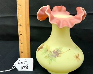 Fenton Burmese Handpainted Autumn Leaves Ruffle Vase 
