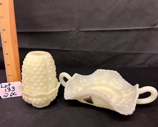Vintage Custard Satin Square Handled Butterfly Bon Bon Dish and Custard Satin Hobnail Fairy Lamp/ choice
