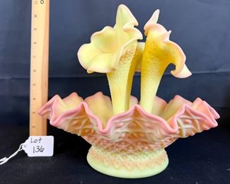 Fenton Burmese Diamond Lace 3 Horn Epergne 
