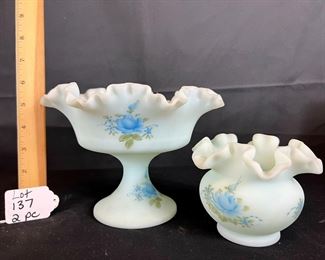 Fenton Handpainted Blue Satin Compote and small ruffled bowl/ choice
