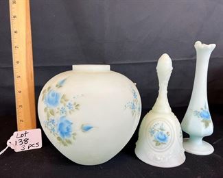 Fenton Handpainted Light Blue Satin Ginger Jar bottom (we will notify if we find the lid), small bud swung vase and bell/ choice 
