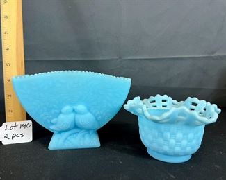 Fenton Blue Satin Lovebirds Planter Vase and Blue Satin Basketweave Dish / choice 
