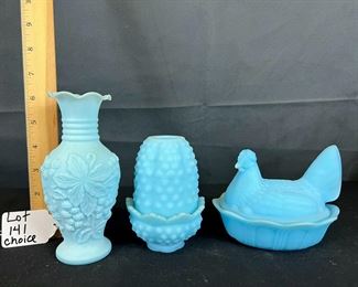 Imperial Blue Satin Loganberry Vase, Fenton Blue Custard Hen on Nest, and Blue Satin Hobnail Fairy Lamp/ choice 
