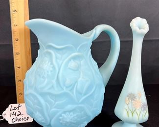 Fenton Blue Satin Water Lily pitcher and hand painted light blue swung bud vase/ choice 
