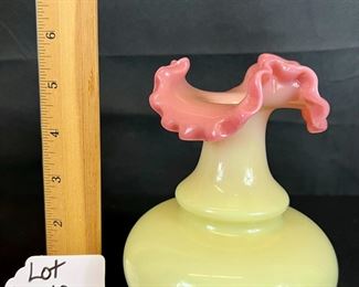 Glossy Burmese Pink to Creamy Yellow Ruffled Vase 
