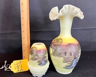 Satin Custard Hand painted Old Mill fairy lamp and vase/ choice 
