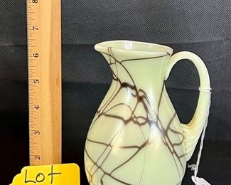 FENTON HANGING HEART IRIDIZED CUSTARD GLASS PITCHER BY ROBERT BARBER
