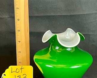 VINTAGE&nbsp;FENTON Green Ivy Overlay Ruffled Handblown Glass Vase
