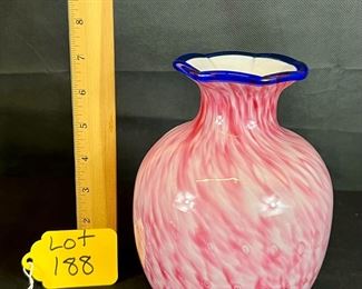 Pink and White cased glass overlayvase with blue trim&nbsp;
