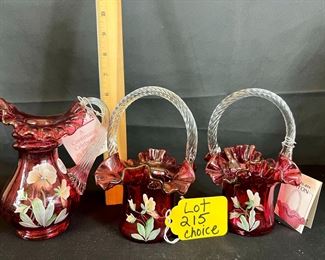 3 PCs Hand painted country cranberry: 2 baskets and pitcher / choice
