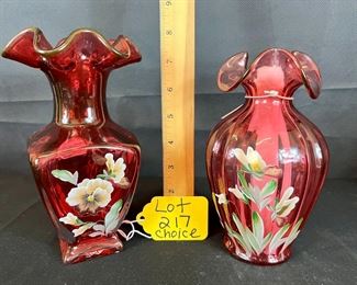 2 pc hand painted country cranberry vases/ choice 
