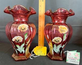 2 hand painted country cranberry "pansies" ruffles vases/ choice 
