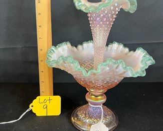 FENTON SINGLE HORN CHAMPAGNE OPAL WITH GREEN CREST EPERGNE
