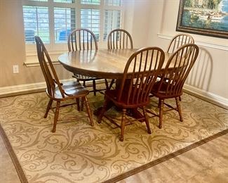 Dining table with 6 chairs with leaf.
Carpet under table for sale too