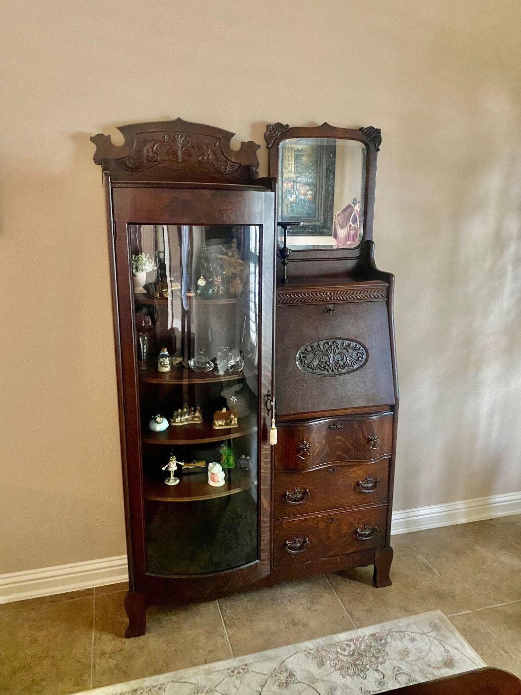 Beautiful antique curio cabinet with secretary desk & mirror 