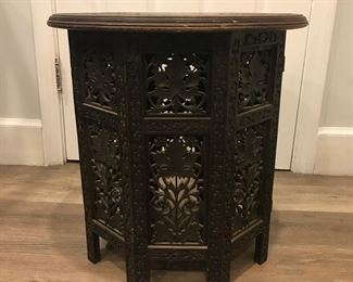 Indian Octagonal Carved Wood Table 2 piece